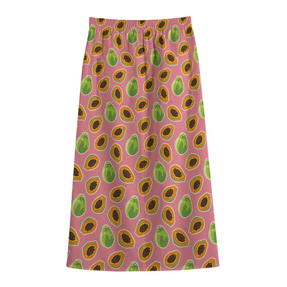 Cute Papaya Pattern Print Cotton Front Slit Maxi Skirt