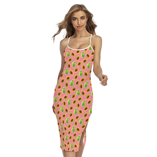 Cute Papaya Pattern Print Cross Back Cami Dress