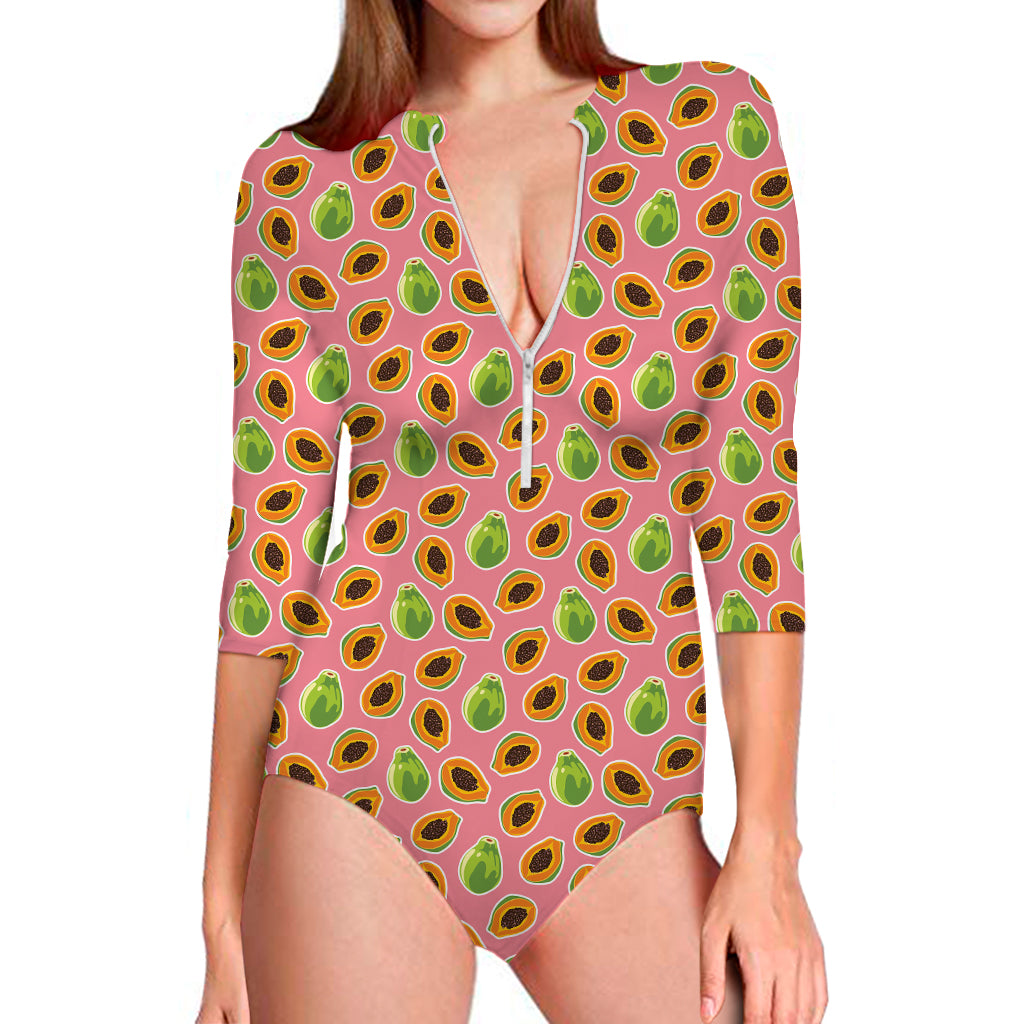 Cute Papaya Pattern Print Long Sleeve Swimsuit