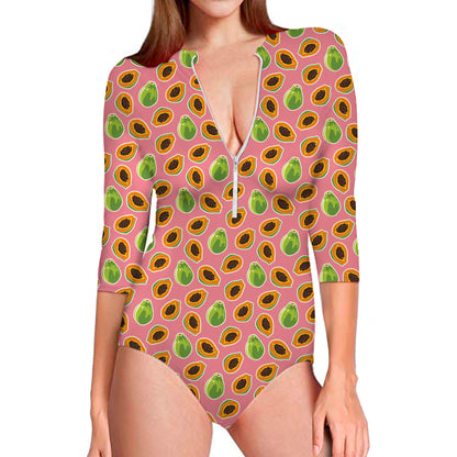 Cute Papaya Pattern Print Long Sleeve Swimsuit