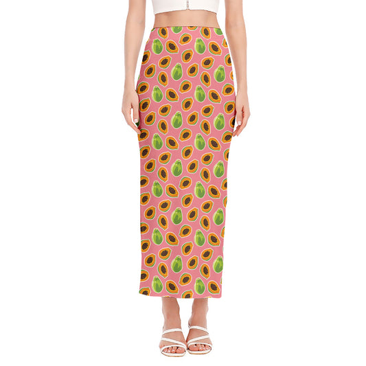 Cute Papaya Pattern Print Side Slit Maxi Skirt
