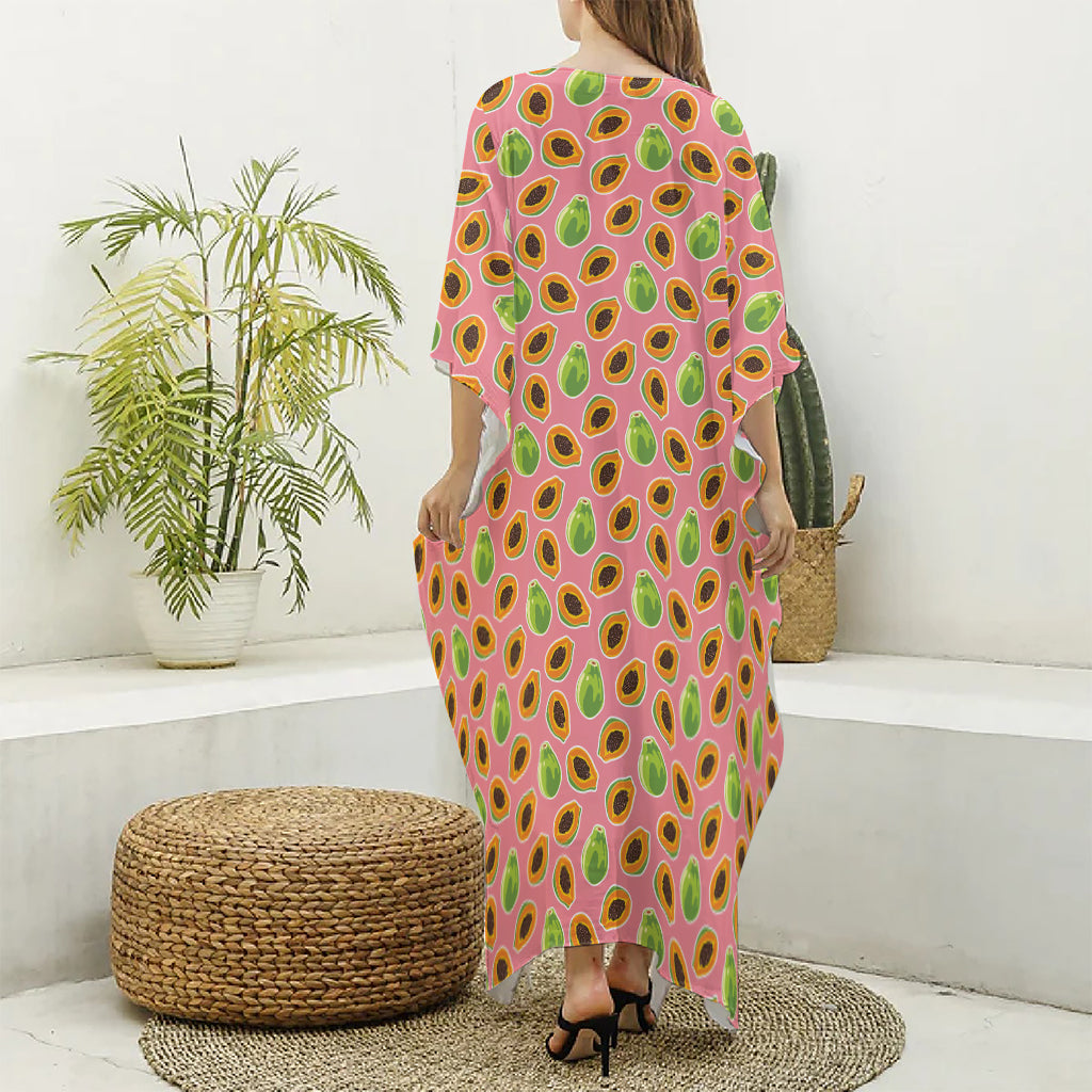 Cute Papaya Pattern Print Silk V-Neck Kaftan Dress