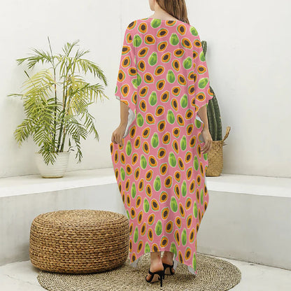 Cute Papaya Pattern Print Silk V-Neck Kaftan Dress