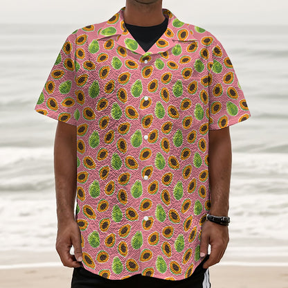 Cute Papaya Pattern Print Textured Short Sleeve Shirt