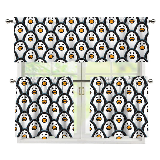 Cute Penguin Face Pattern Print 3 Piece Kitchen Curtains
