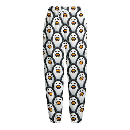Cute Penguin Face Pattern Print Fleece Lined Knit Pants