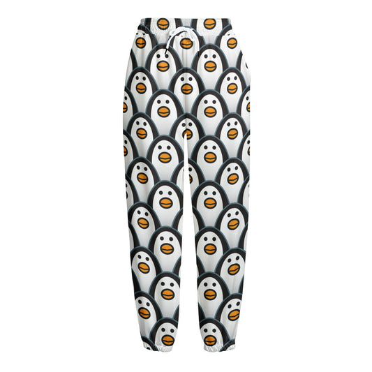 Cute Penguin Face Pattern Print Fleece Lined Knit Pants