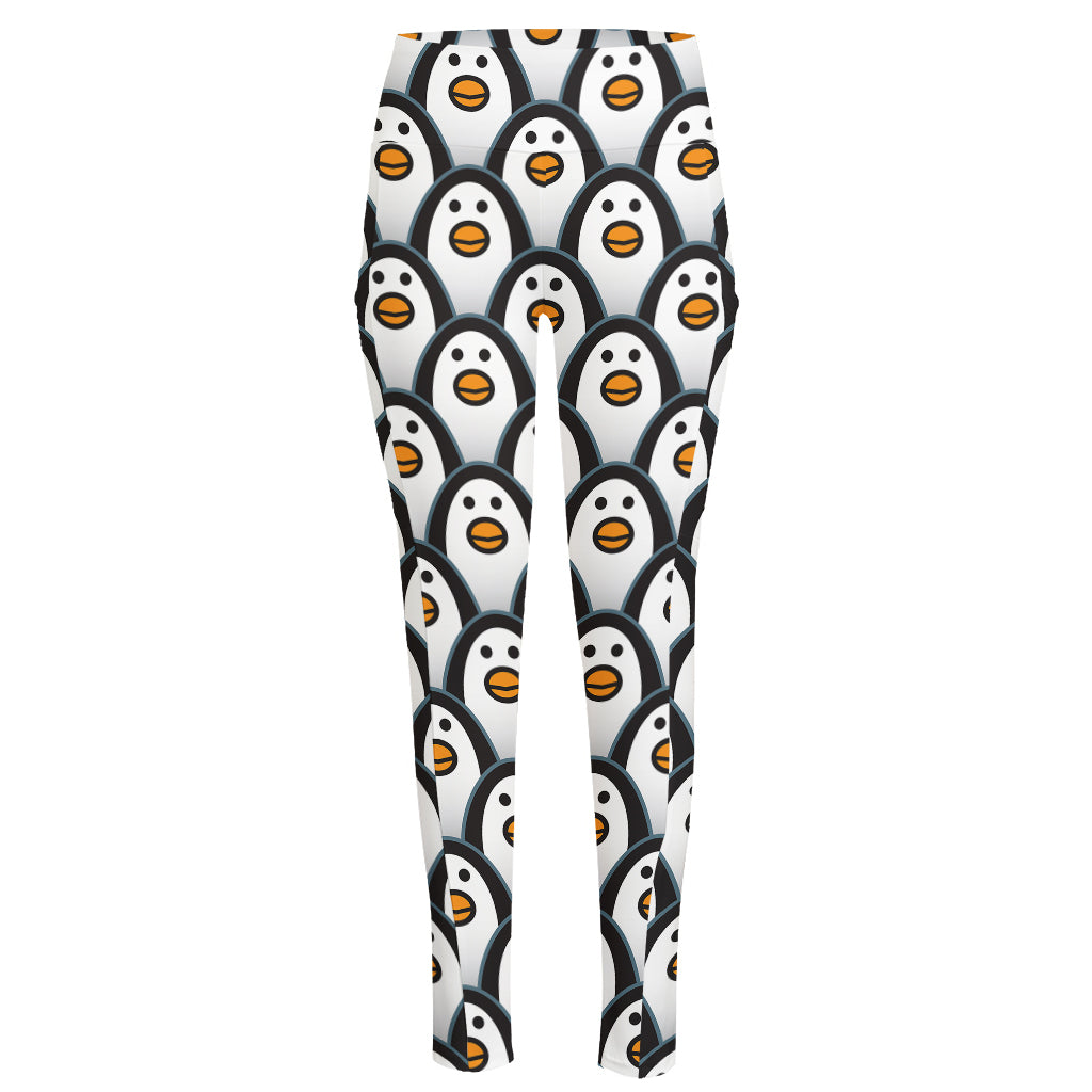 Cute Penguin Face Pattern Print High-Waisted Pocket Leggings
