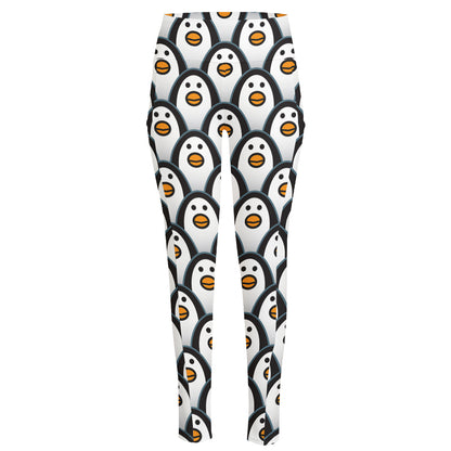 Cute Penguin Face Pattern Print High-Waisted Pocket Leggings