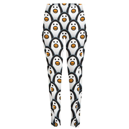 Cute Penguin Face Pattern Print High-Waisted Pocket Leggings