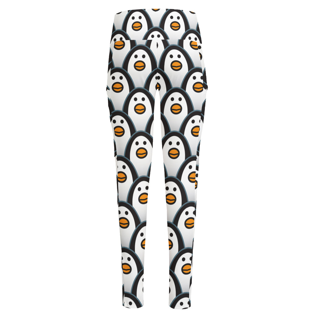 Cute Penguin Face Pattern Print High-Waisted Pocket Leggings