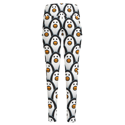Cute Penguin Face Pattern Print High-Waisted Pocket Leggings