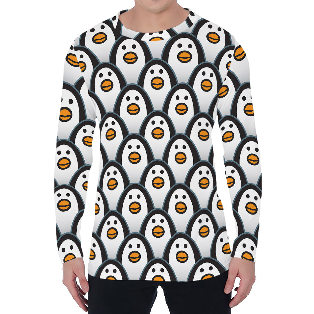 Cute Penguin Face Pattern Print Men's Long Sleeve T-Shirt