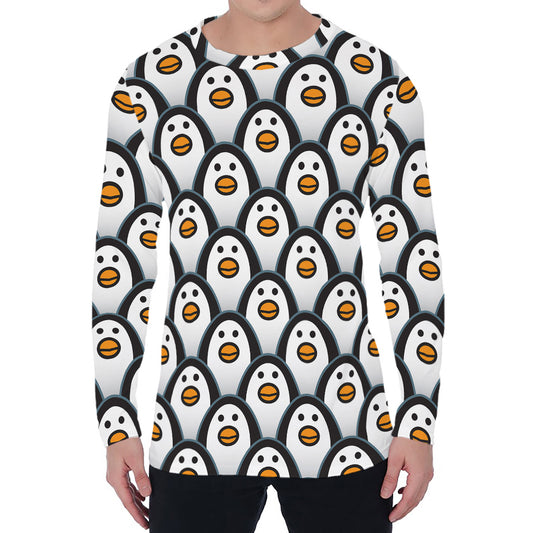 Cute Penguin Face Pattern Print Men's Long Sleeve T-Shirt