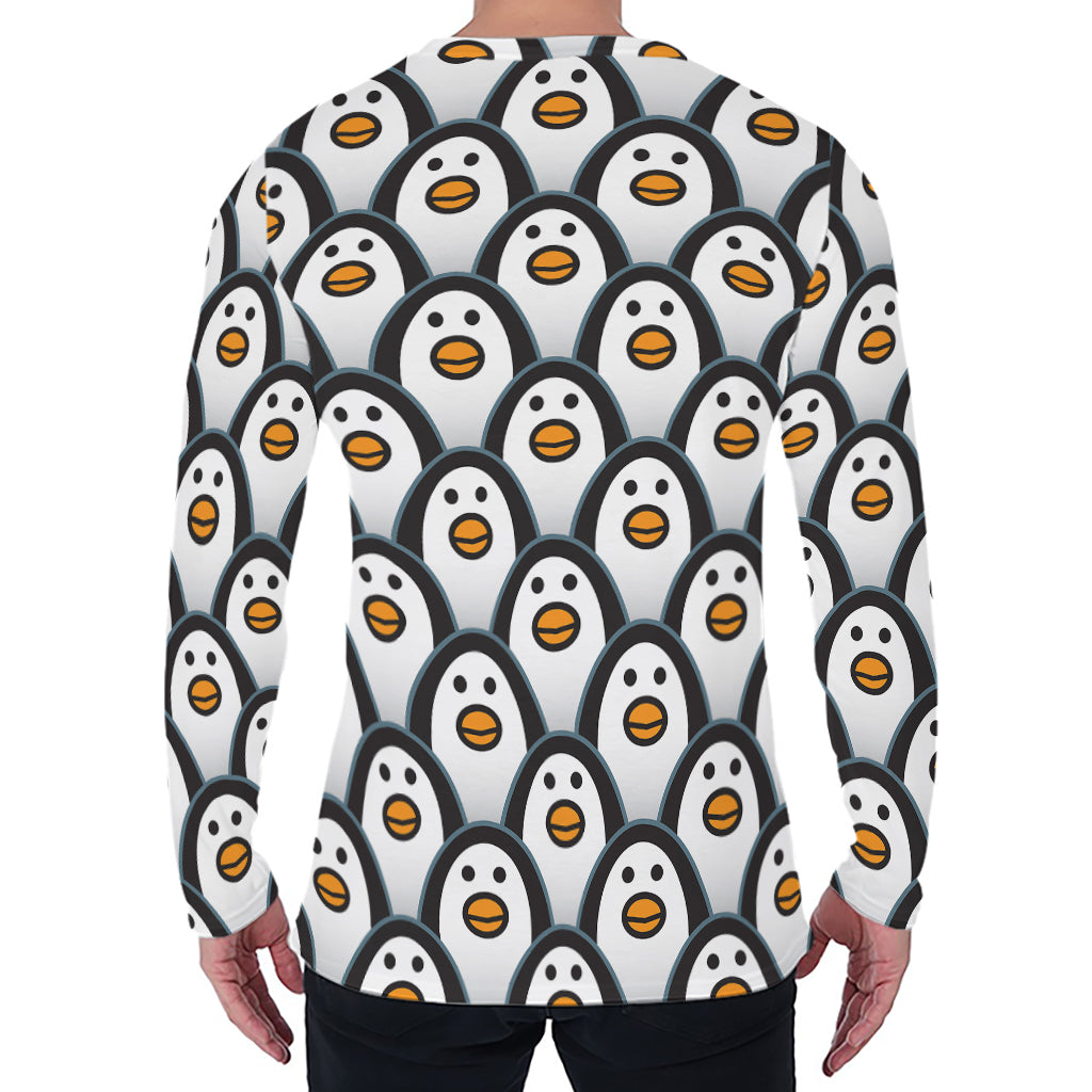 Cute Penguin Face Pattern Print Men's Long Sleeve T-Shirt