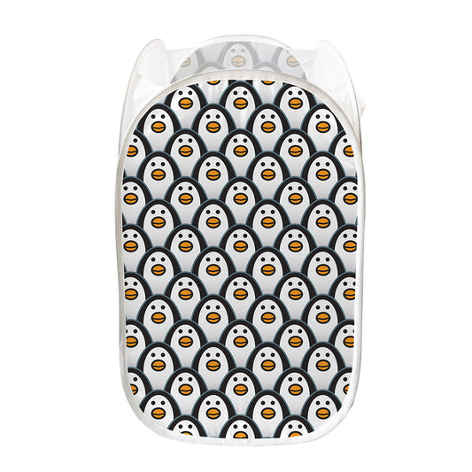 Cute Penguin Face Pattern Print Mesh Laundry Hamper