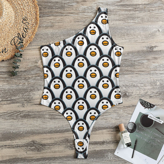Cute Penguin Face Pattern Print One Shoulder Bodysuit