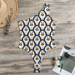 Cute Penguin Face Pattern Print One Shoulder Bodysuit