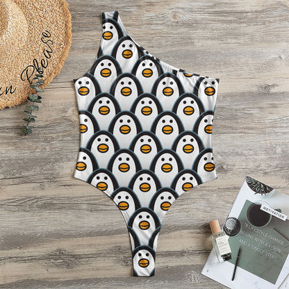 Cute Penguin Face Pattern Print One Shoulder Bodysuit
