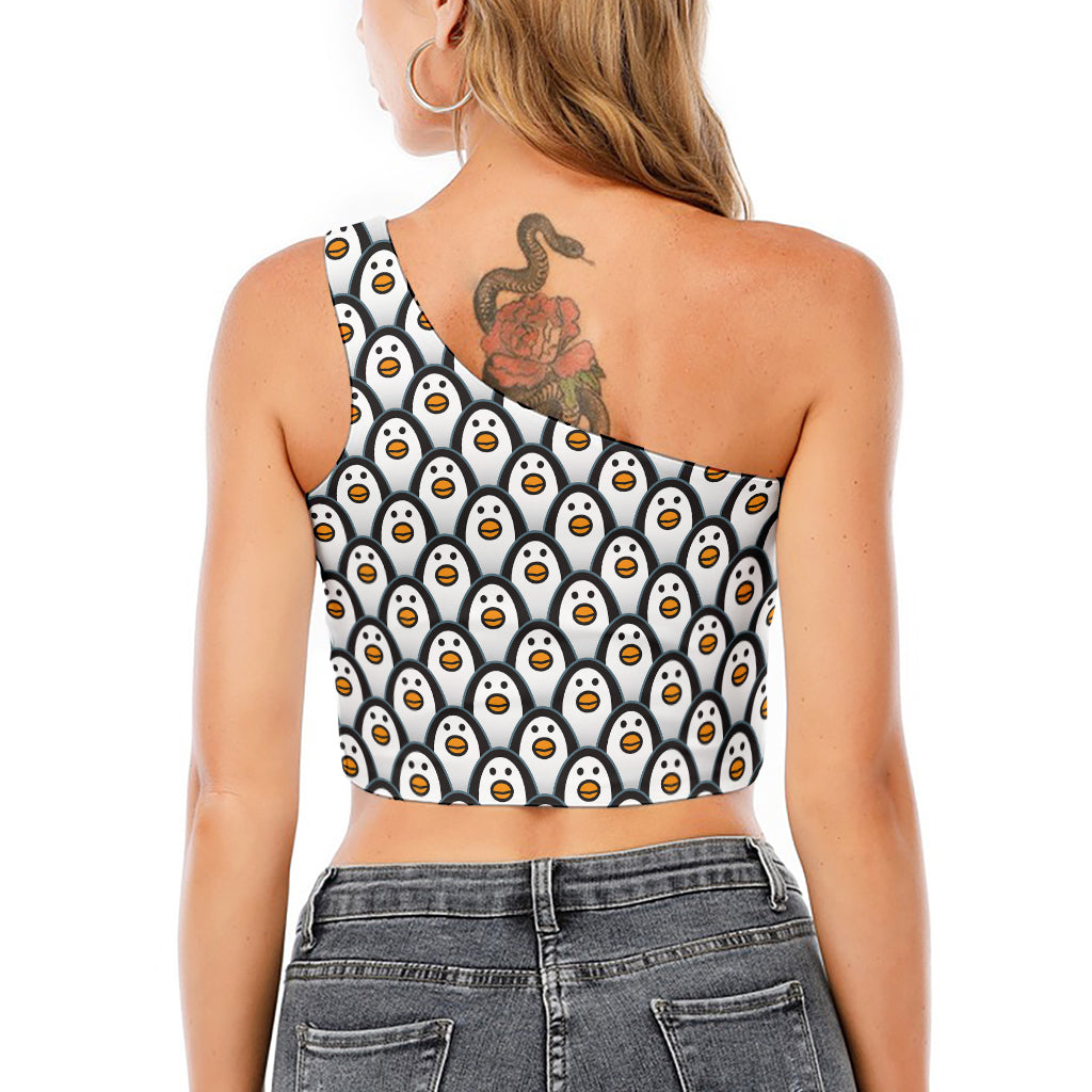 Cute Penguin Face Pattern Print One Shoulder Crop Top