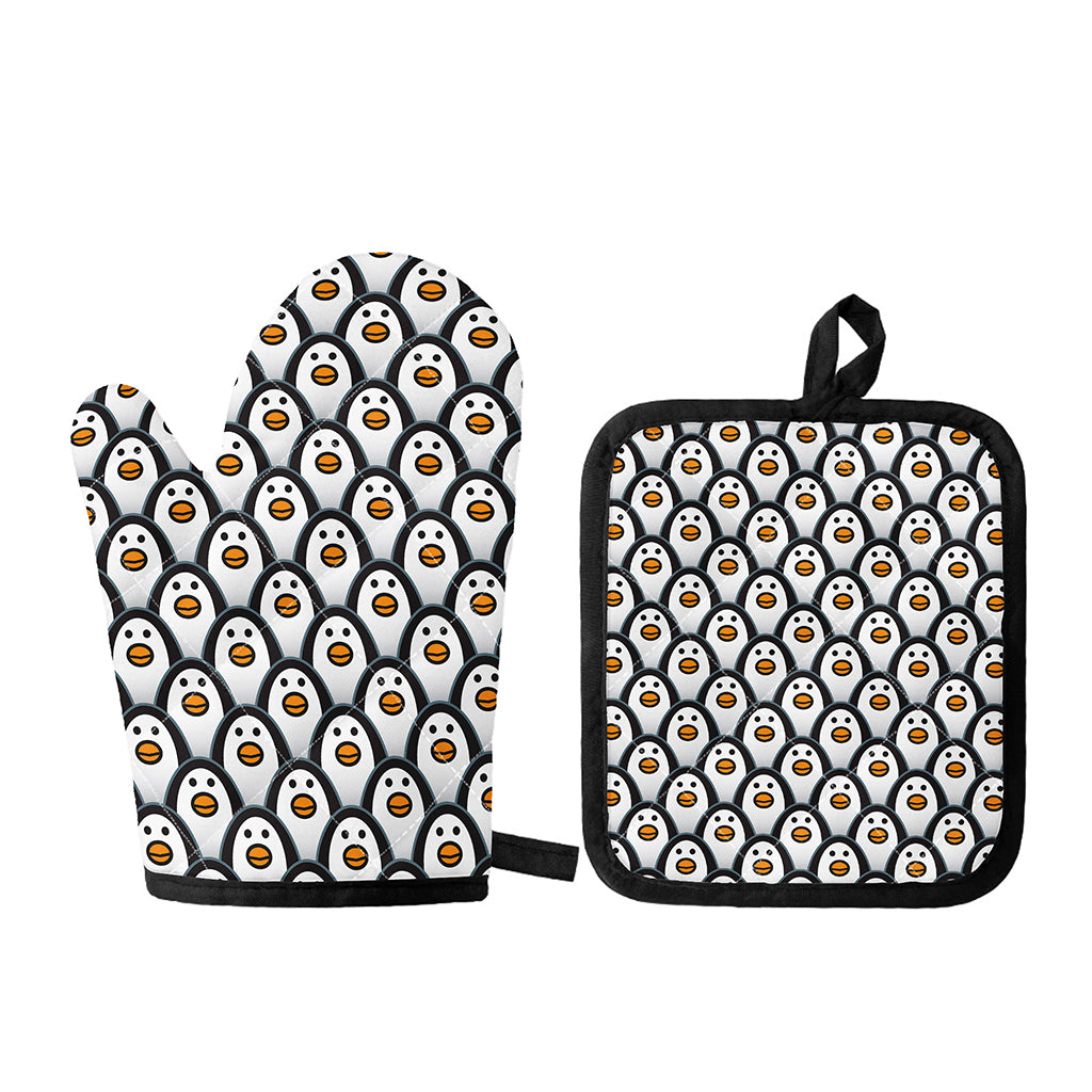 Cute Penguin Face Pattern Print Oven Mitt And Pot Holder Set