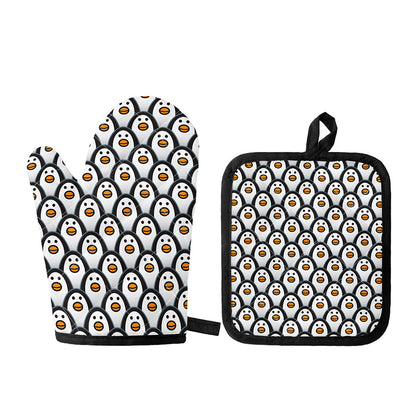 Cute Penguin Face Pattern Print Oven Mitt And Pot Holder Set