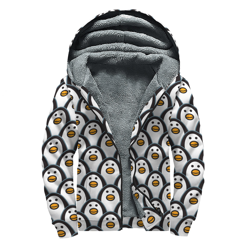 Cute Penguin Face Pattern Print Sherpa Lined Zip Up Hoodie