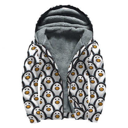 Cute Penguin Face Pattern Print Sherpa Lined Zip Up Hoodie