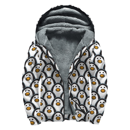 Cute Penguin Face Pattern Print Sherpa Lined Zip Up Hoodie