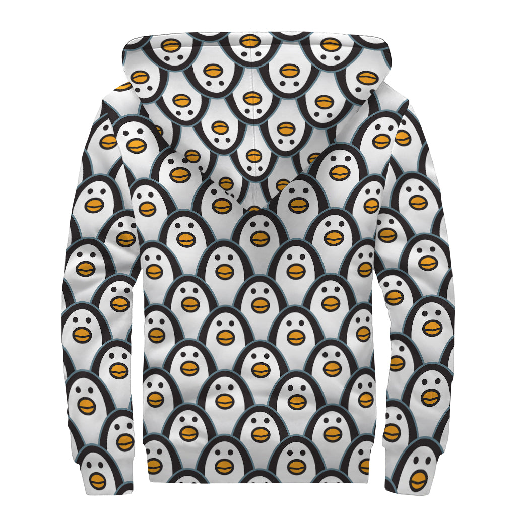Cute Penguin Face Pattern Print Sherpa Lined Zip Up Hoodie