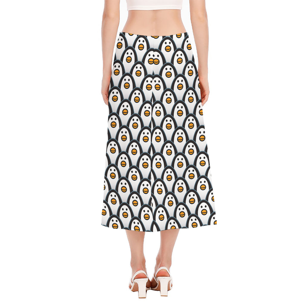 Cute Penguin Face Pattern Print Side Slit Midi Skirt