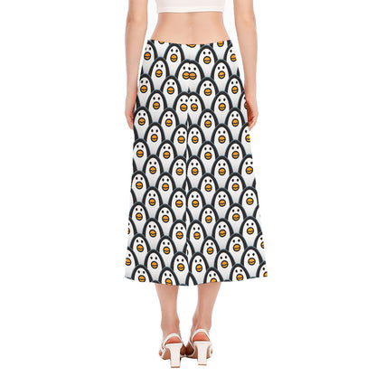 Cute Penguin Face Pattern Print Side Slit Midi Skirt