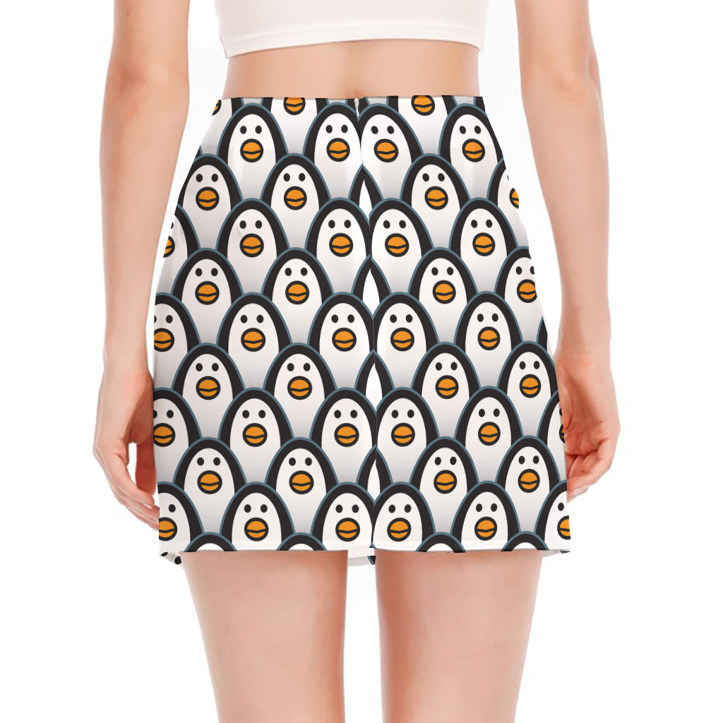 Cute Penguin Face Pattern Print Side Slit Mini Skirt