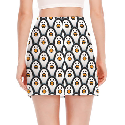 Cute Penguin Face Pattern Print Side Slit Mini Skirt