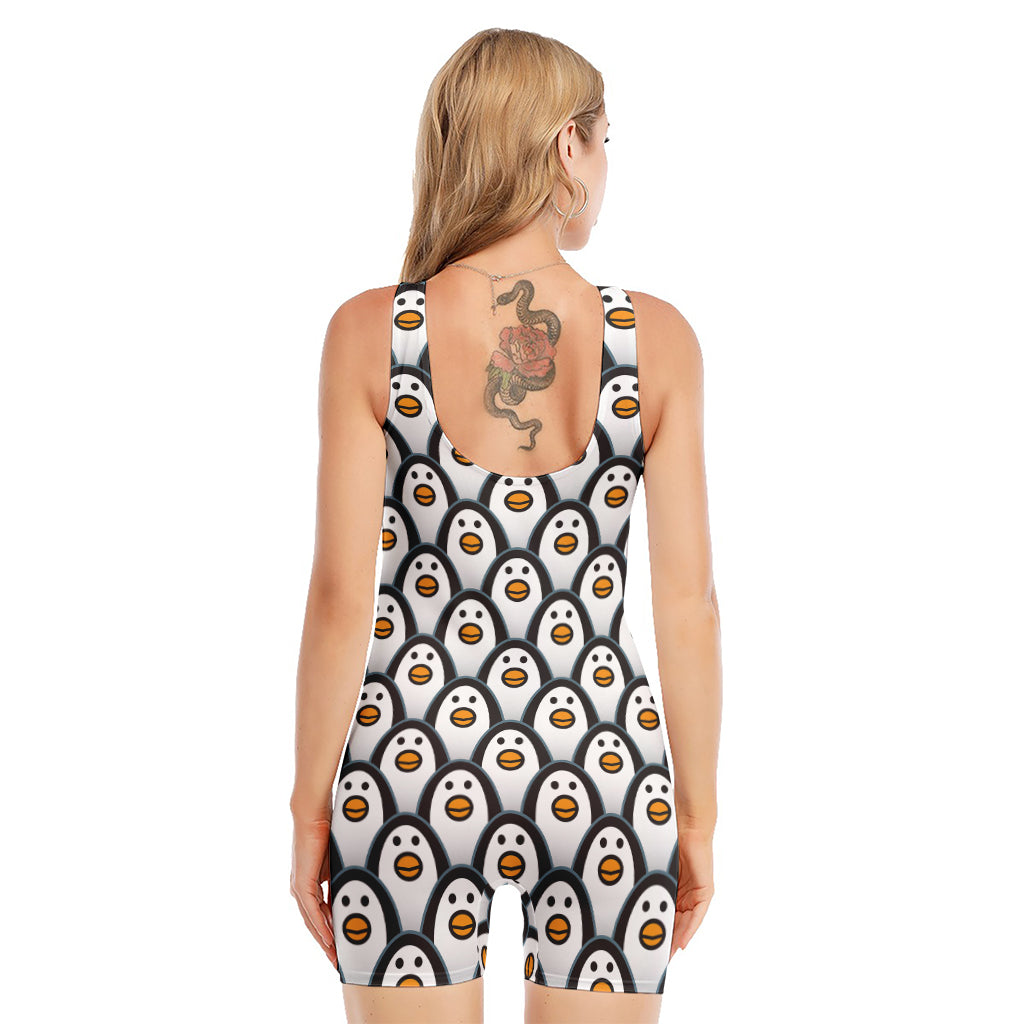 Cute Penguin Face Pattern Print Sleeveless One Piece Swimsuit