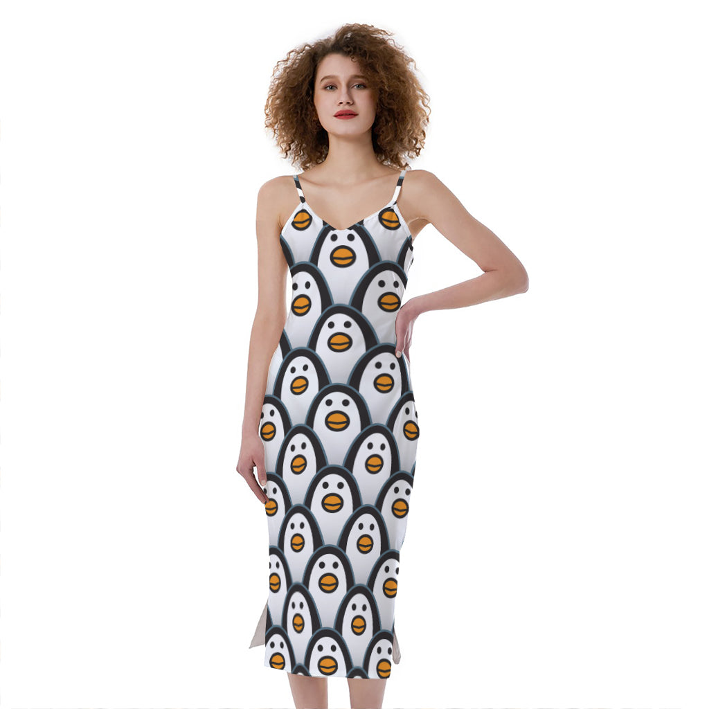 Cute Penguin Face Pattern Print Slim Fit Midi Cami Dress