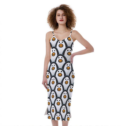 Cute Penguin Face Pattern Print Slim Fit Midi Cami Dress