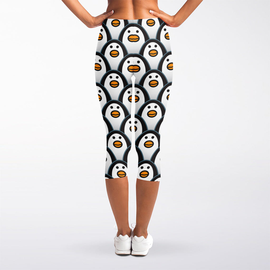 Cute Penguin Face Pattern Print Women's Capri Leggings