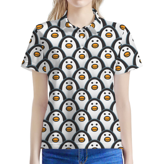 Cute Penguin Face Pattern Print Women's Polo Shirt