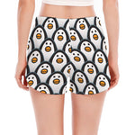 Cute Penguin Face Pattern Print Women's Split Running Shorts