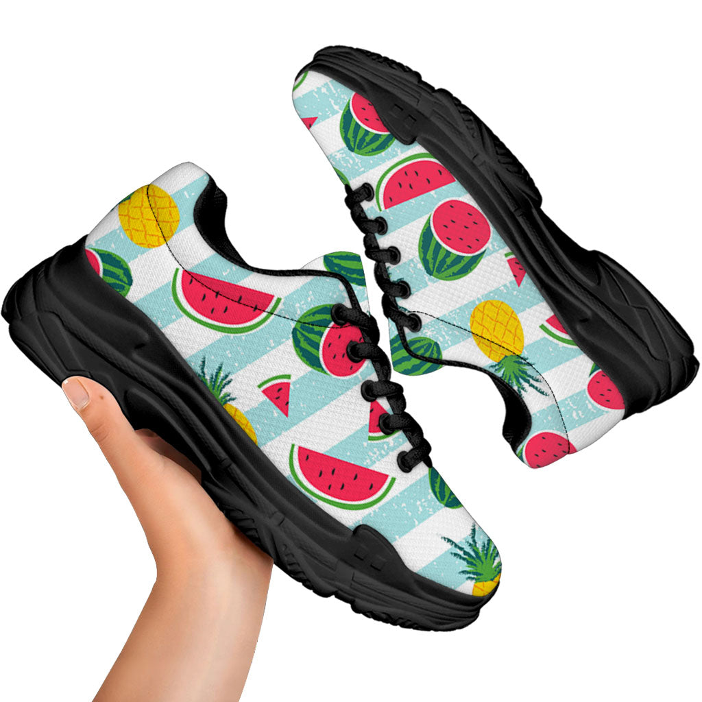 Cute Pineapple Watermelon Pattern Print Black Chunky Shoes