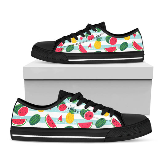Cute Pineapple Watermelon Pattern Print Black Low Top Sneakers