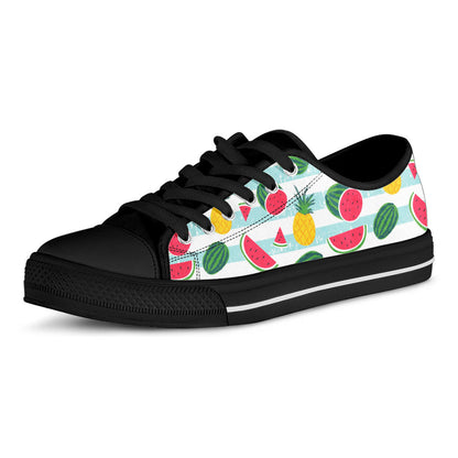 Cute Pineapple Watermelon Pattern Print Black Low Top Sneakers