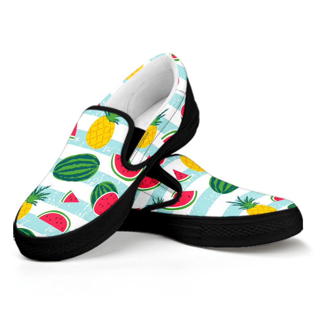 Cute Pineapple Watermelon Pattern Print Black Slip On Sneakers