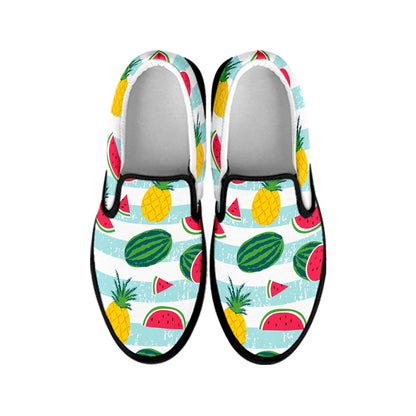 Cute Pineapple Watermelon Pattern Print Black Slip On Sneakers