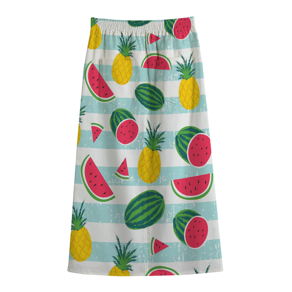 Cute Pineapple Watermelon Pattern Print Cotton Front Slit Maxi Skirt