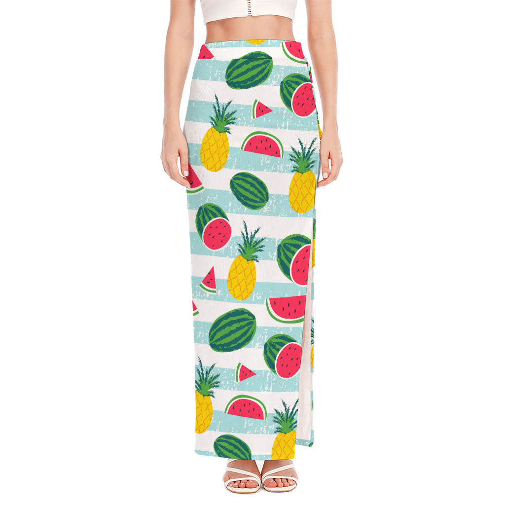 Cute Pineapple Watermelon Pattern Print High Slit Maxi Skirt