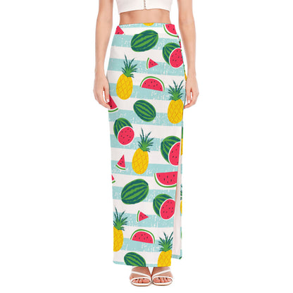 Cute Pineapple Watermelon Pattern Print High Slit Maxi Skirt