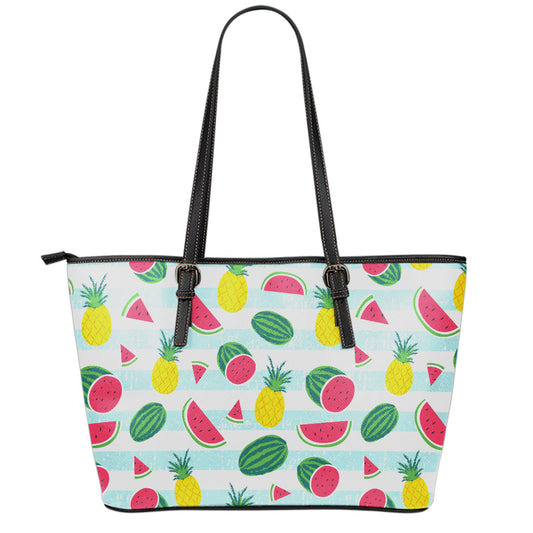 Cute Pineapple Watermelon Pattern Print Leather Tote Bag