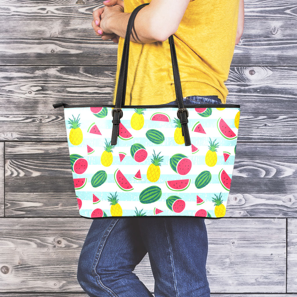 Cute Pineapple Watermelon Pattern Print Leather Tote Bag